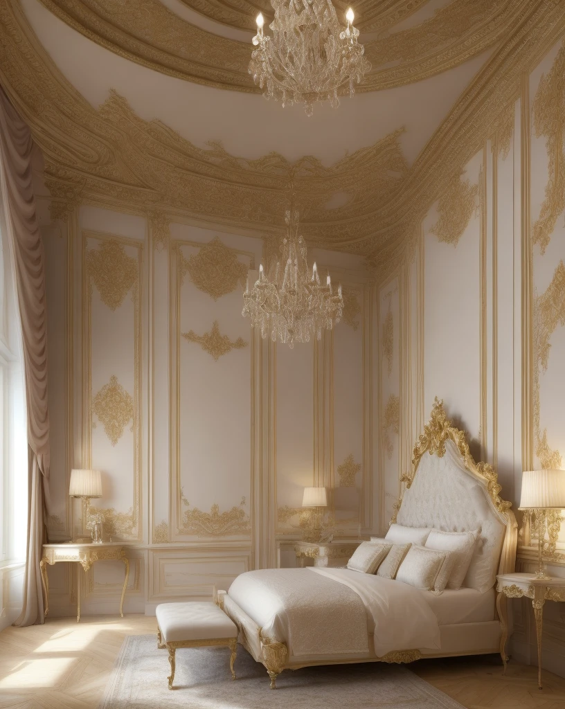 Masterpiece, 4K, beautiful design, absurdres, ,lh_room, a bedroom with a bed and a chandelier, (masterpiece:1.5) (painting:1.1) (best quality) (detailed) (intricate) (8k) (HDR) (wallpaper) (cinematic lighting) (sharp focus)