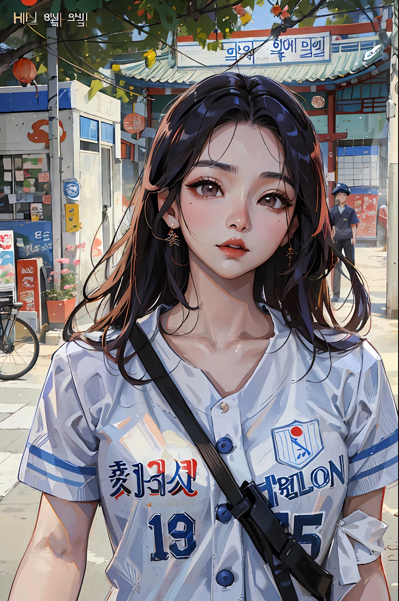 arafed asian woman in a baseball jersey standing in front of a bike rack, korean girl, xision wu, gorgeous young korean woman, beautiful south korean woman, chinese girl, jaeyeon nam, heonhwa choe, beautiful young korean woman, a young asian woman, 19-year-old girl, korean woman, xintong chen, young asian girl