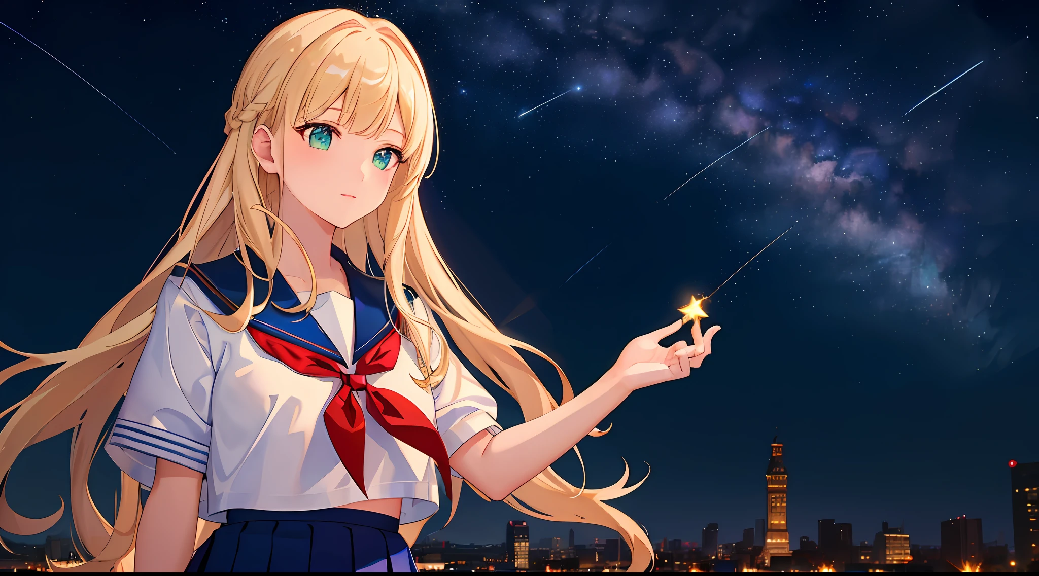 ((masterpiece,best quality, high resolution, high detail, detailed backgrounds, rich background))), from aside, solo, green eyes, blonde long hair tied with blue ribbon, blunt bangs, school uniform, white serafuku, red sailor collar, short sleeves, white pleated skirt, staring at the sky, scenery, starry sky, on top of the hill, city scenery, nighttime, dark, lowlight, night landscape, shooting star,