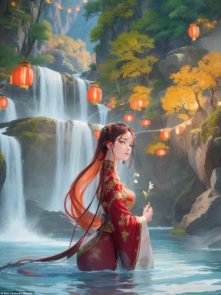 (Painting style: Chinese style, Character: Ancient style girl, Task: Generate an extremely clear and charming CG of ancient style girl, slight side profile, red phoenix eyes, high coiled hair, red wreath and hairpin, full of fairy spirit, fresh and refined, far away It is an island, mountains, rivers and lakes, trying to capture the subtle fluctuations of light and shadow, showing the beauty of elegance and tranquility in natural scenery)