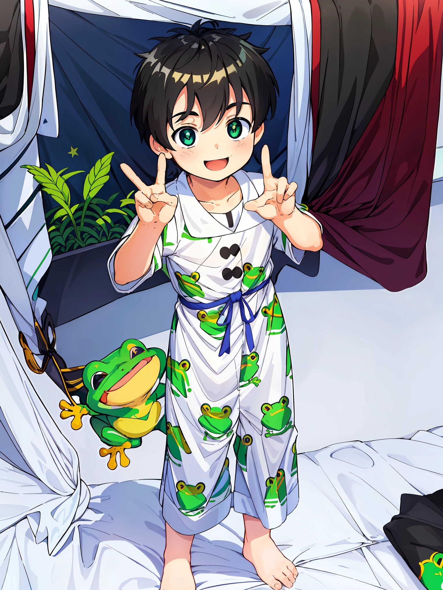 The happy ((a little boy)) raised his hands and made a ✌️ gesture with great surprise in the spacious room, wearing a cute pure white and green frog pattern dress (without a top), handsome cropped black hair, seems to have Transformed into a charming prince. The simple and fresh white background is eye-catching.