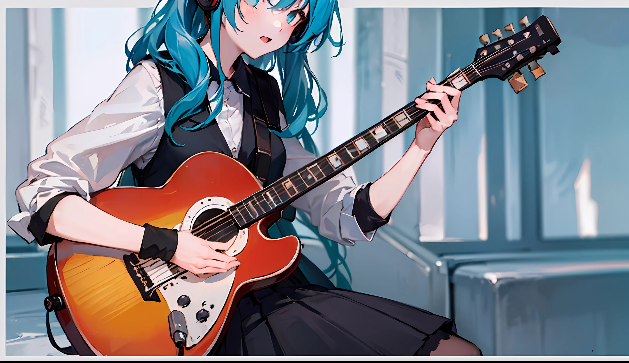 ((masterpiece,best quality))1girl, solo, black dress, blue eyes, electric guitar, guitar, headphones, holding, holding plectrum, instrument, long hair,, music, one side up, teal hair, twin tails, playing guitar , pleated skirt, black shirt, indoor --v 6