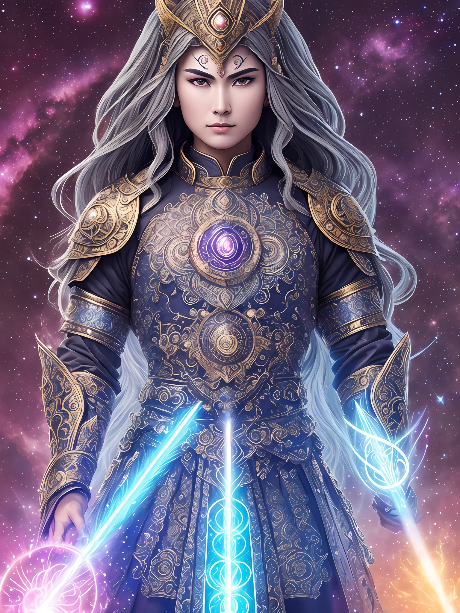 Cosmic Guardian: The Cosmic Guardian is a powerful protector of the universe, adorned in gleaming armor with intricate cosmic patterns. They wield a staff that radiates with celestial energy, and their eyes hold the wisdom of ages past and future.samurai