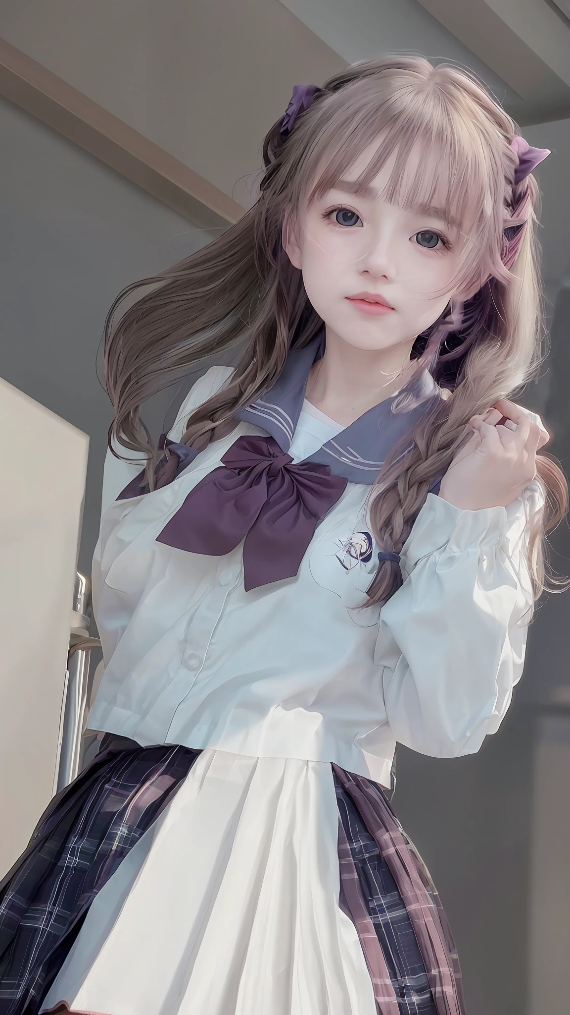 delicate face, best quality, masterpiece, 1girl, solo, small breast, Depth of field, disheveled hair, ribbons, highres, colorful, realistic, photo, classroom, school, in autumn, chair, night, moon, full moon, grove, student, blonde hair , braided ponytail , sparkling eyes, Skirt, boots, blush, :3, smug, excited,cute, JK, shirt lift,