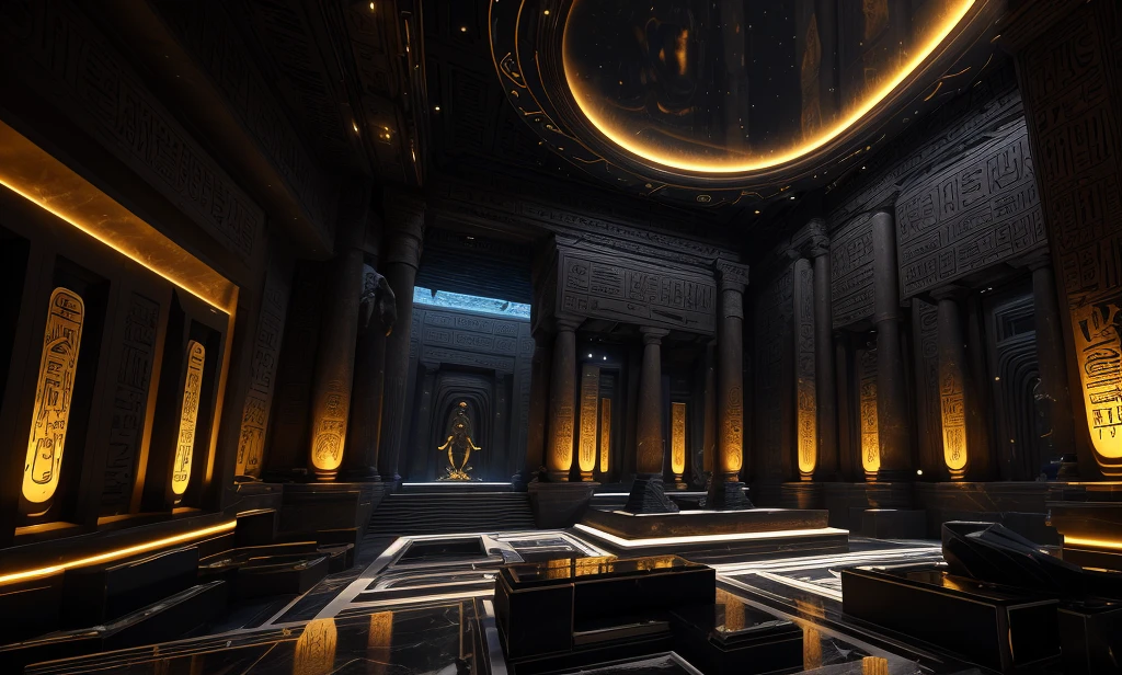 incredible black luxurious futuristic interior in Ancient Egyptian style with lotus flowers, palm trees, hieroglyphics, rocky walls, sand, marble, precious minerals, metals, gemstones, crystals, clouds and water, crocodiles, ultra luxury, black marble – with beautiful lights, Unreal Engine, HQ, 16k