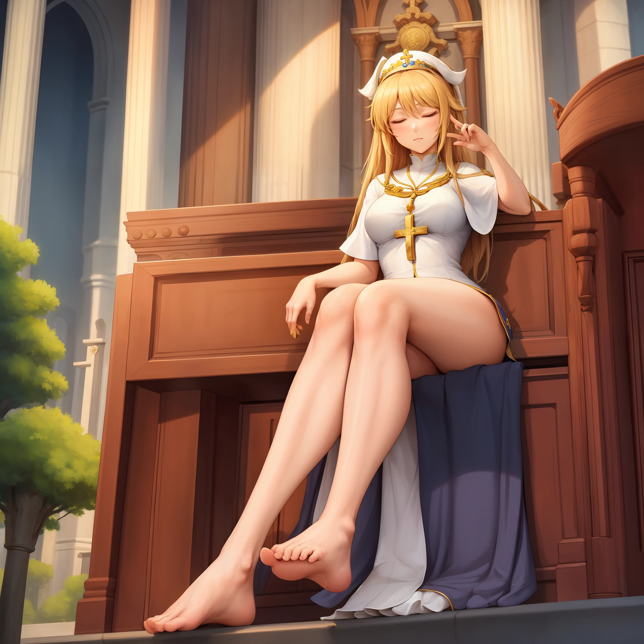 masterpiece, best quality, 1girl, priestess, closed eyes, sitting, feet up, soles, church