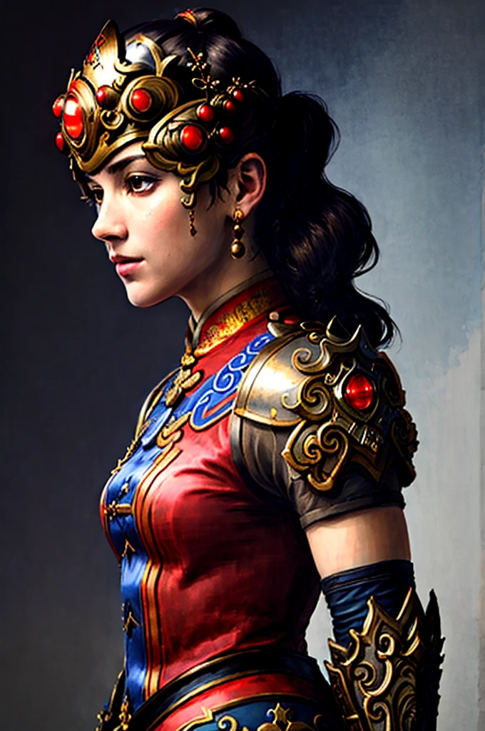 modelshoot style, (very detailed CG unity 8k wallpaper), full body photos of the most beautiful artworks in the world, gorgeous Chinese Tang Dynasty armor, Ed Blinkey, Atey Ghailan, professional magnificent oil paintings of Studio Ghibli, Jeremy Mann, Greg Manchess, Antonio Moro, Trending at ArtStation, Trending at CGSociety, Intricate, High Detail, Sharp focus, dramatic, photorealistic drawing art, by midjourney and greg rutkowski