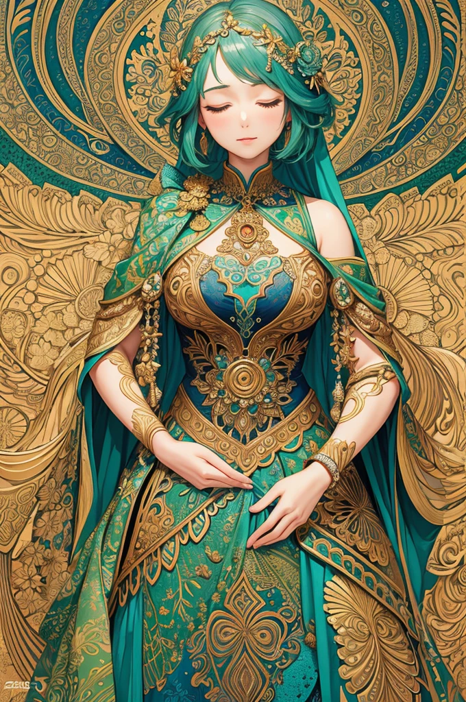 (masterpiece, top quality, best quality, official art, beautiful and aesthetic: 1.2), (1girl: 1.3), very detailed, (fractal art: 1.2), leafy, most detailed, (zentangle: 1.2), (dynamic pose), (abstract background: 1.5), (traditional clothing: 1.2), (shiny skin), (various colors: 1.4), upper body, eyes closed, head slightly bowed