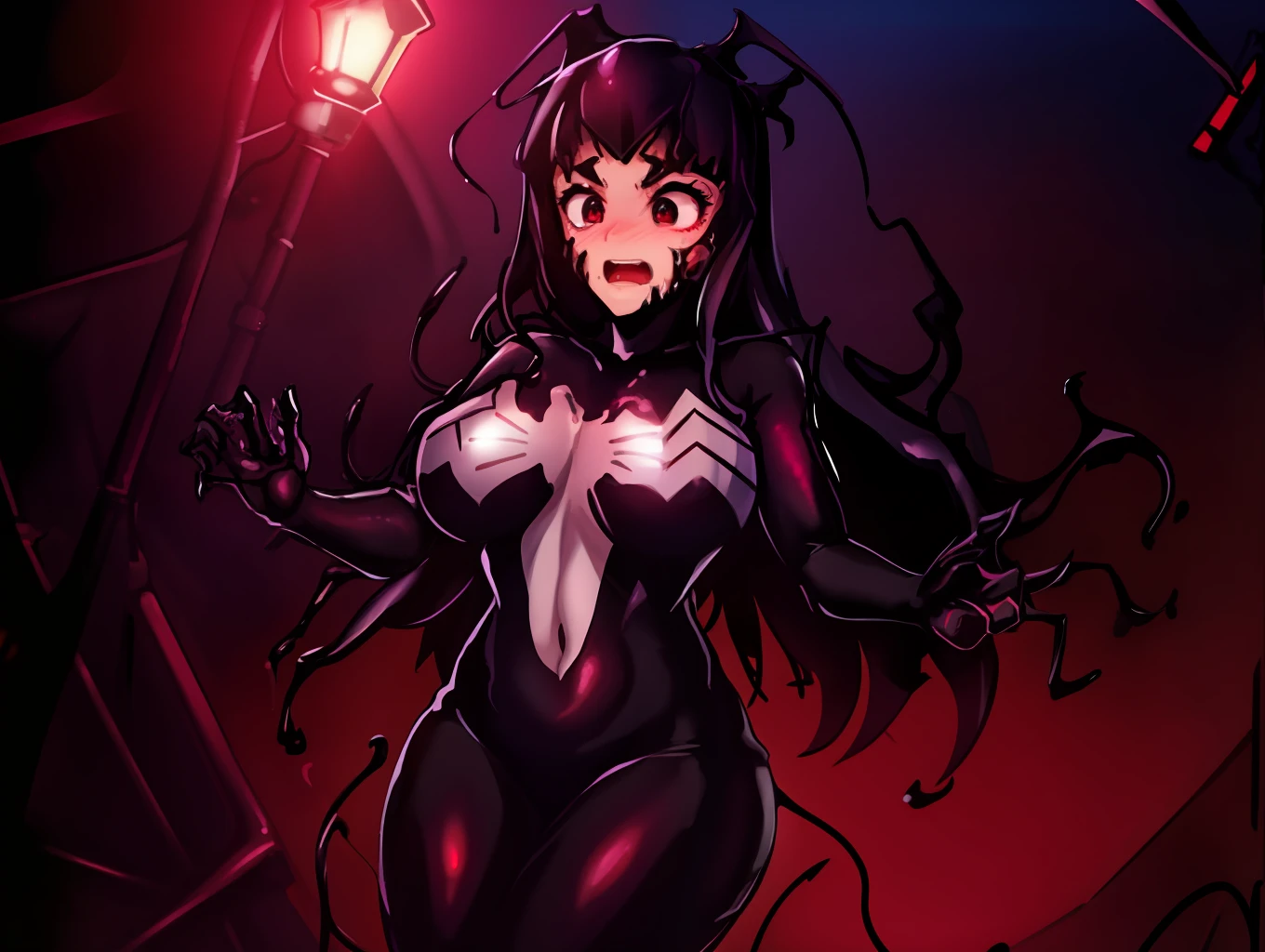 Girl, scared, symbiote, night, darkness, red light, surprise, best quality,
