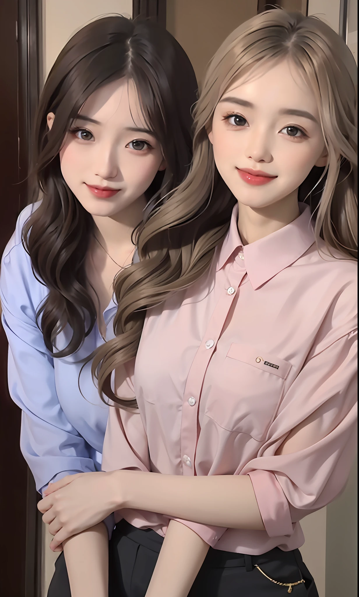 A working woman, a white-collar worker, with a slender figure, medium breasts, a charming smile, raised mouth corners, silver-white hair, golden highlights, long flowing hair, three-quarter hairstyle, curly hair, hair illuminated by lights, exquisite and perfect facial features, Dark brown color contact lenses, slender eyebrows, eye shadow, blush, sexy lips, bright and shiny lipstick, the most beautiful big eyes, with light in the eyes, black eyeballs are bright and reflective, long eyelashes, sweet eyes with lying silkworms, Smiling, in the office, wearing a suit, pink shirt, suit shorts, good posture, macro, close up viewer, full body standing