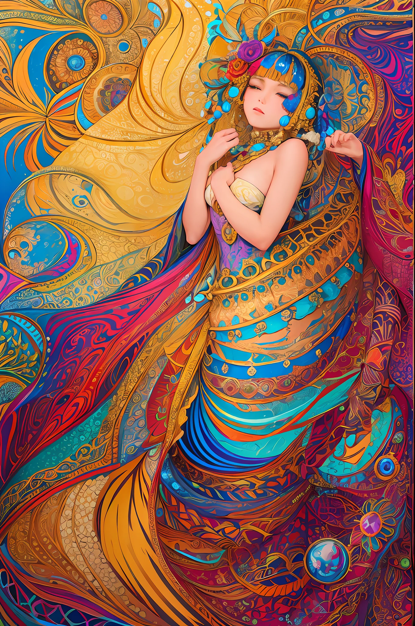 (masterpiece, top quality, best quality, official art, beautiful and aesthetic: 1.2), (1girl: 1.3), very detailed, (fractal art: 1.2), colorful, most detailed, (zentangle: 1.2), (dynamic Pose), (Abstract Background: 1.5), (Traditional Dress: 1.2), (Shiny Skin), (Multiple Colors: 1.4), Upper Body, Eyes Closed