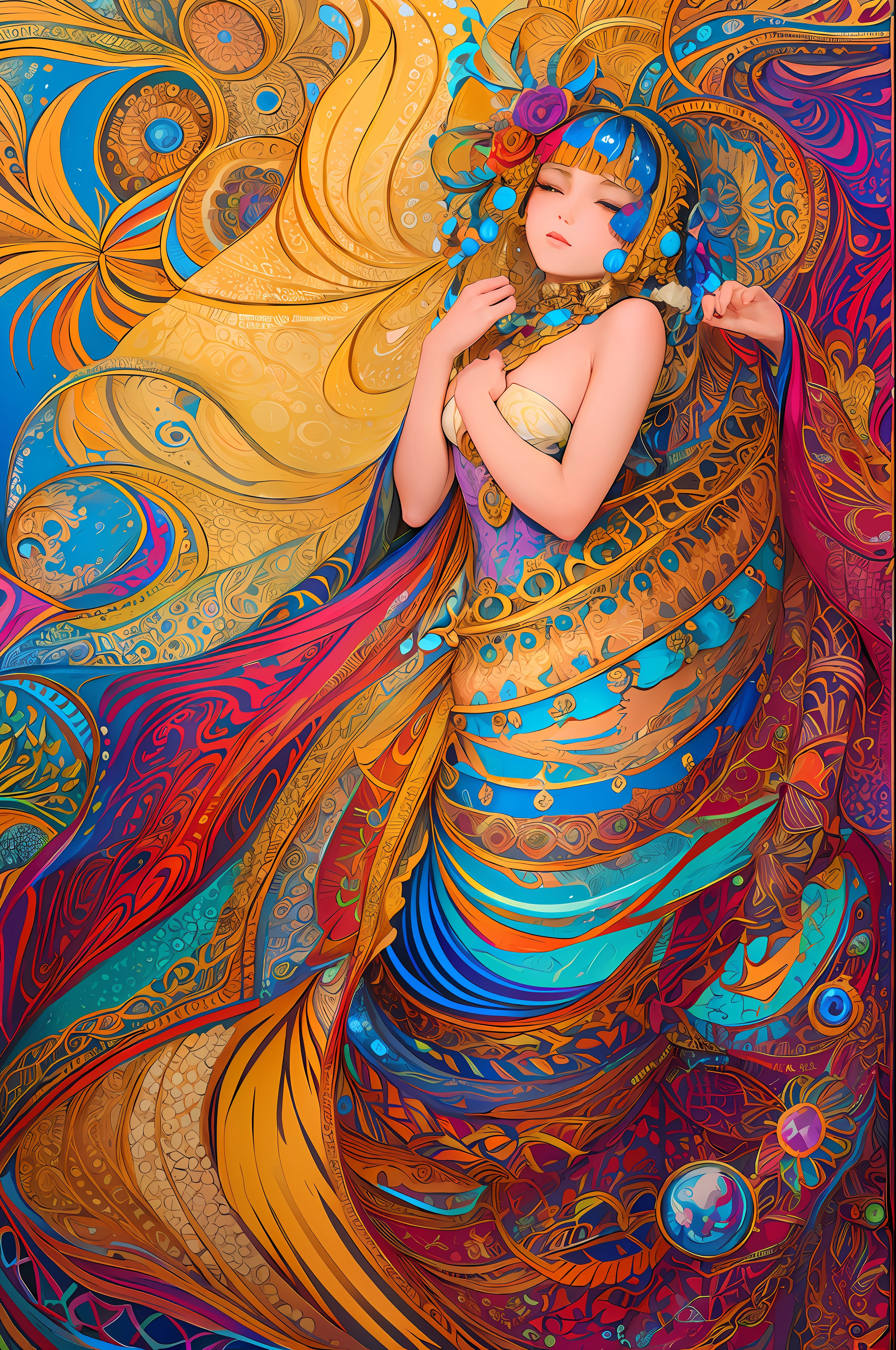 (masterpiece, top quality, best quality, official art, beautiful and aesthetic: 1.2), (1girl: 1.3), very detailed, (fractal art: 1.2), colorful, most detailed, (zentangle: 1.2), (dynamic Pose), (Abstract Background: 1.5), (Traditional Dress: 1.2), (Shiny Skin), (Multiple Colors: 1.4), Upper Body, Eyes Closed