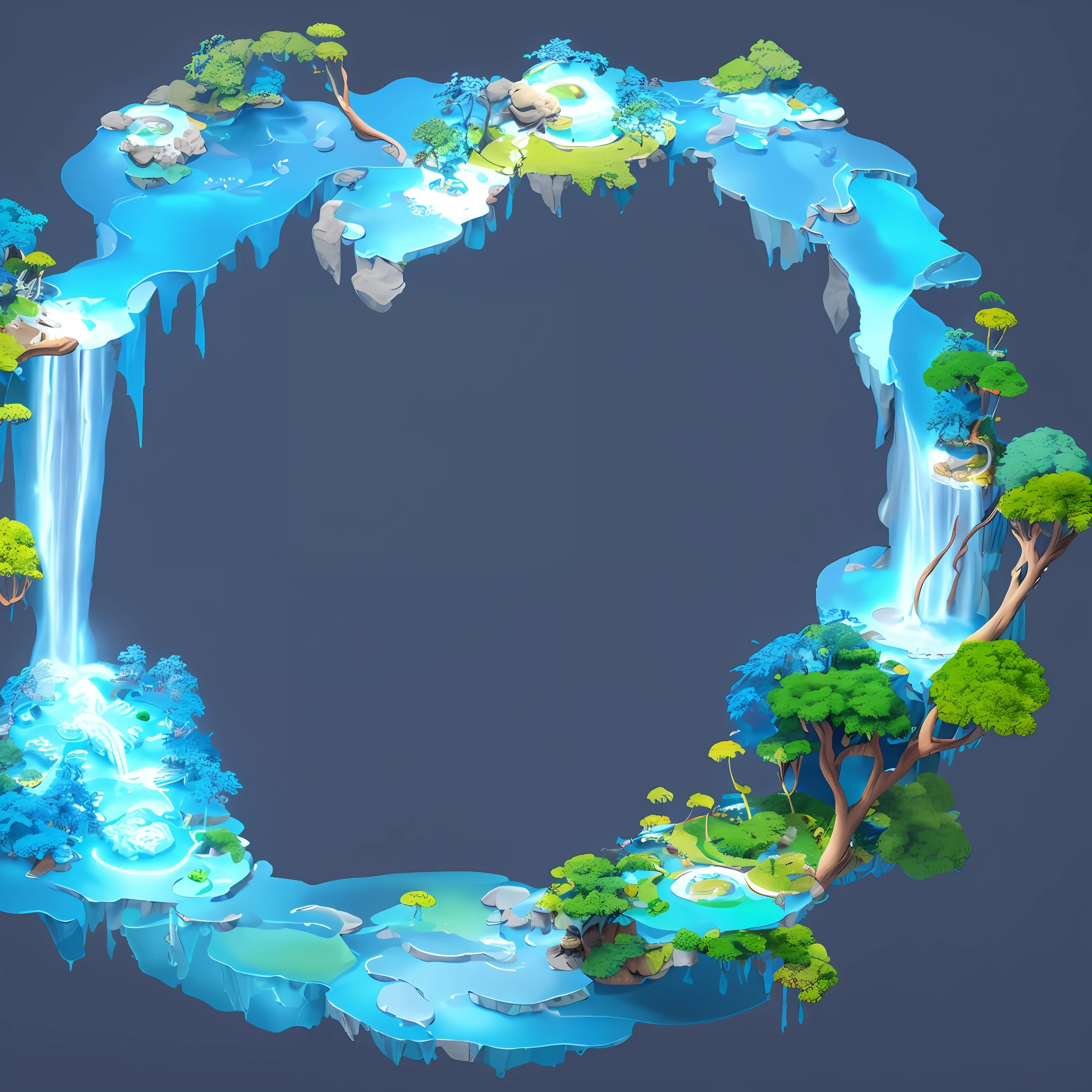 The avatar frame is designed in a circle, (UI interface frame design), (natural elements), (ocean theme), (circle), (Glow), (Particle Effect), isometric 3d, octane rendering, ray tracing, ultra detailed, colorfull, (waterfalls),  UI interface frame design adopts the natural elements,  masterpiece, best quality, (extremely fine CG unity 8k wallpaper), (best quality), (best illustration), (best shadow), t