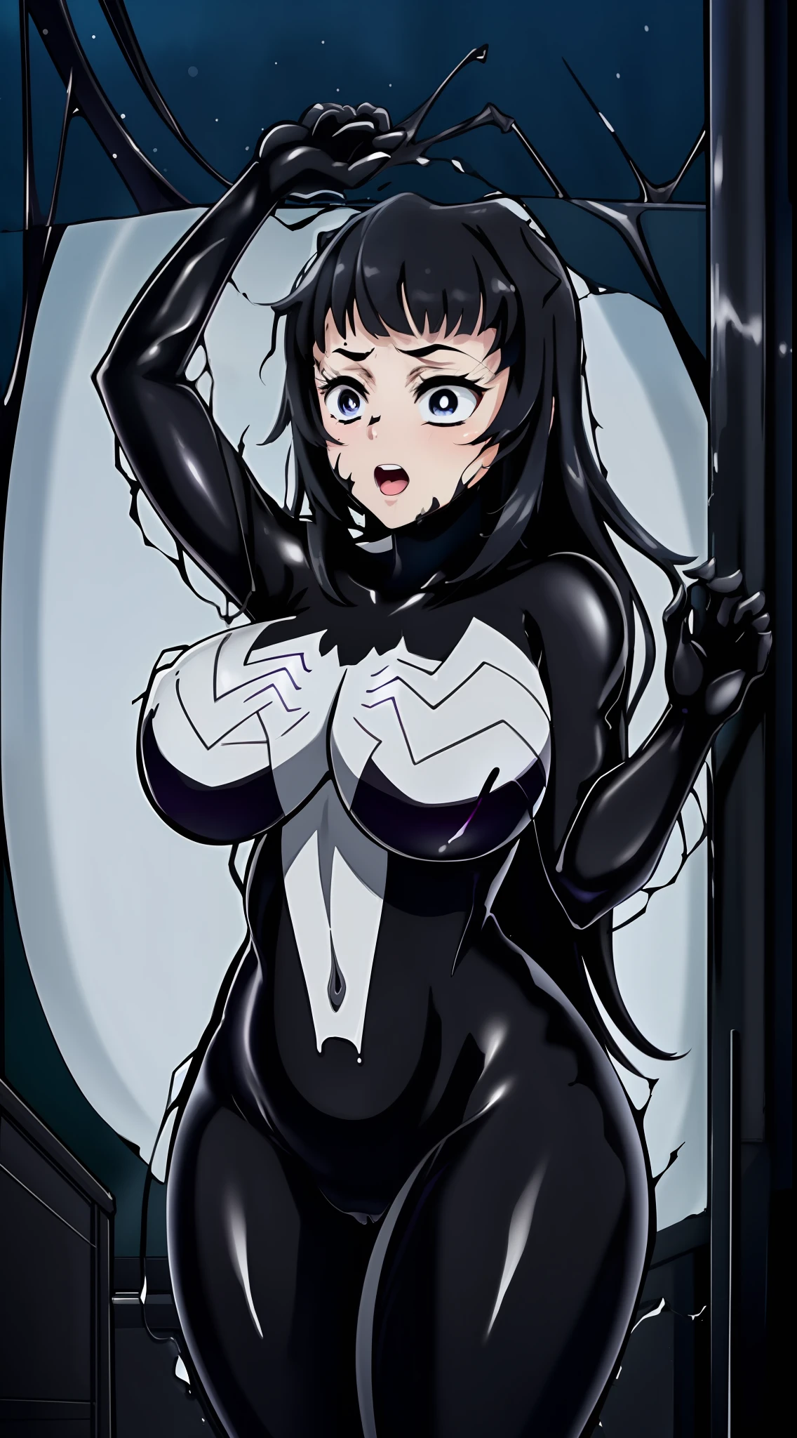 "((great quality)), solo shot, girl, netsuko, frightened, symbiote, night, darkness, room, surprise."