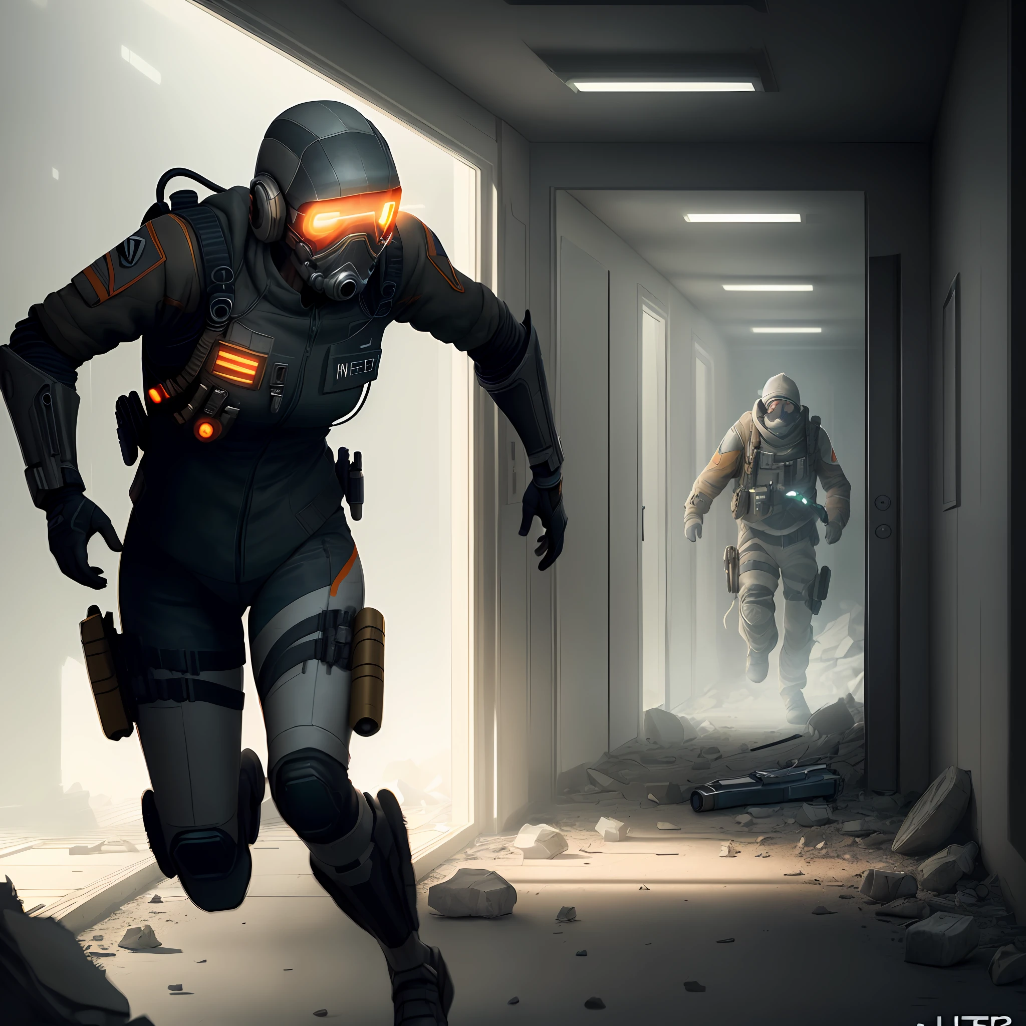 (extremely detailed CG rendering, masterpiece, best quality, ultra-realistic), high resolution,
[(half-life 2 movie scene shot),(rebel),(running in a futuristic and dark destroyed facility hallway),(evading gunfire),(littered with rubble),(dynamic and intense angle):1.1]