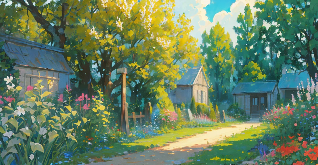 masterpiece,best quality,official art,extremely detailed CG unity 8k wallpaper,outdoors, animal, spring \(season\), cloudy sky,studio ghibli, garden, field