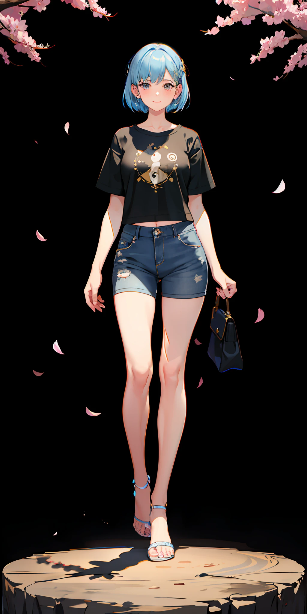 8k,((masterpiece,ultra-detailed, intricate details, mid quality,illustration)),1girl, solo, highres, looking at viewer, brown and pastel blue hair, short hair, black t-shirt, smiling, wearing t-shirt, wearing black jeans,black earings,street, cherry tree, petals falling, sunlight shining through, solar system, feminine, empowered, beautiful, detailed,wide shot, blush, pretty