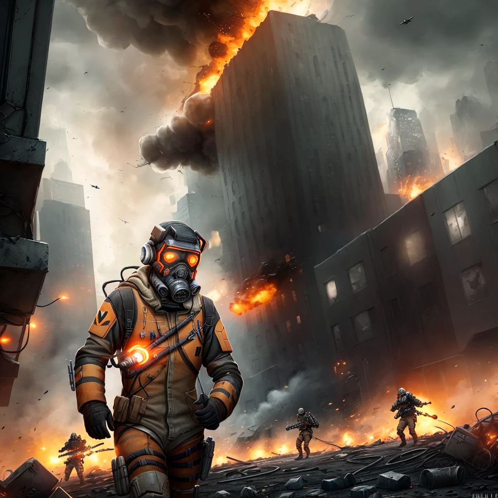 ((Half-Life 2 movie scene)), best quality, realistic, dynamic camera angle, epic action scene, destructed city on fire, ((rebel soldier)) dodging gunfire, rubble everywhere, gasmask, intense atmosphere.