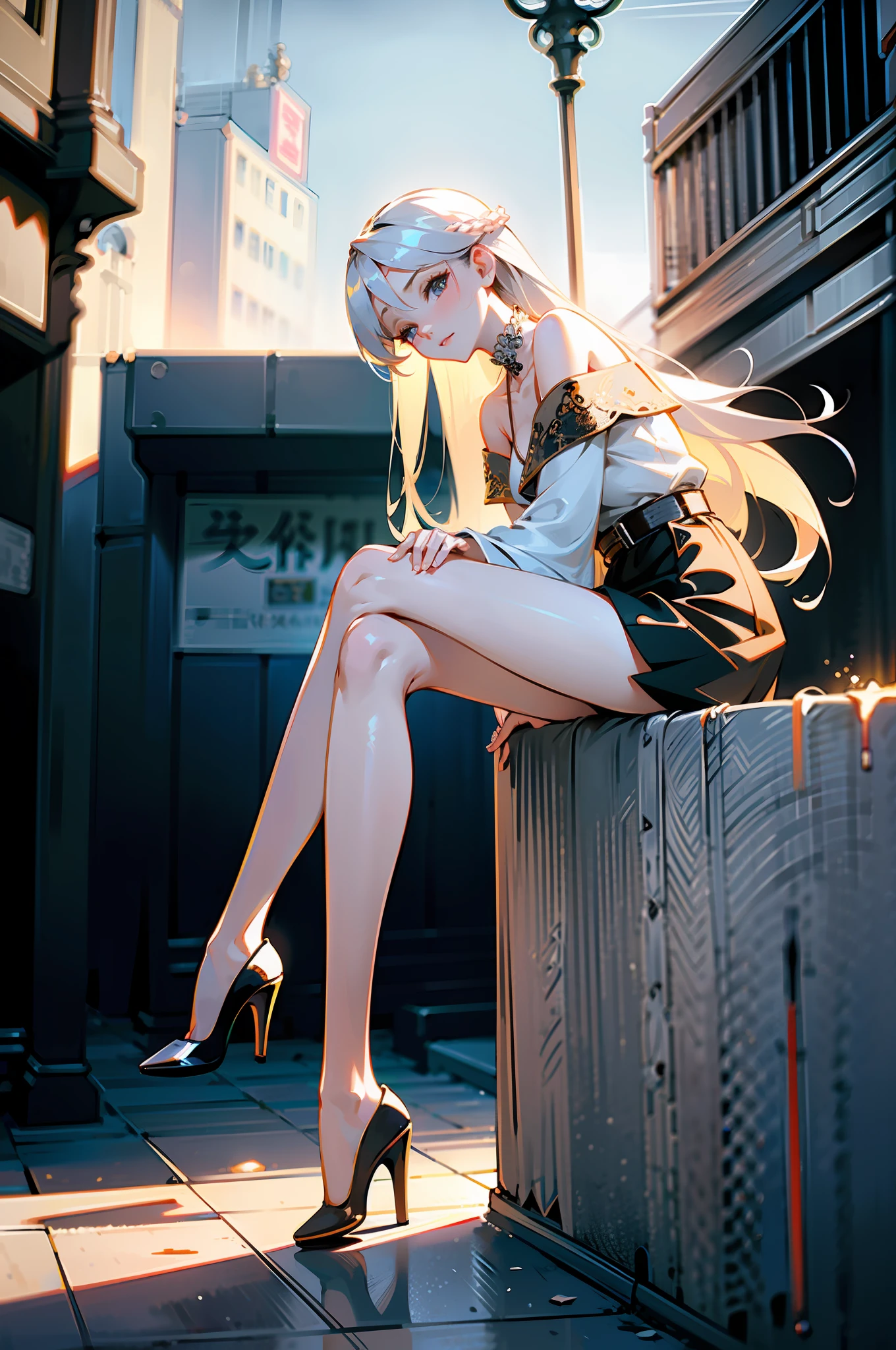 NSFW, front angle, (8k, best quality, masterpiece:1.2), (realistic, photo-realistic:1.37), ultra-detailed, 1 girl, looking at viewer, beautiful detailed sky, detailed cafe street, sitting, full body, small head, intricate choker, (pretty legs:1.2), (long legs:1.2), slim legs, (high heels:1.3), (bare legs:1.4), medium breasts, high-waist, narrow waist, off-shoulder, belt,black short skirt, beautiful detailed eyes, daytime, warm tone, white lace, (long hair:1.4), silver medium hair, white skin,shiny skin, cinematic light, street light,hanfu,