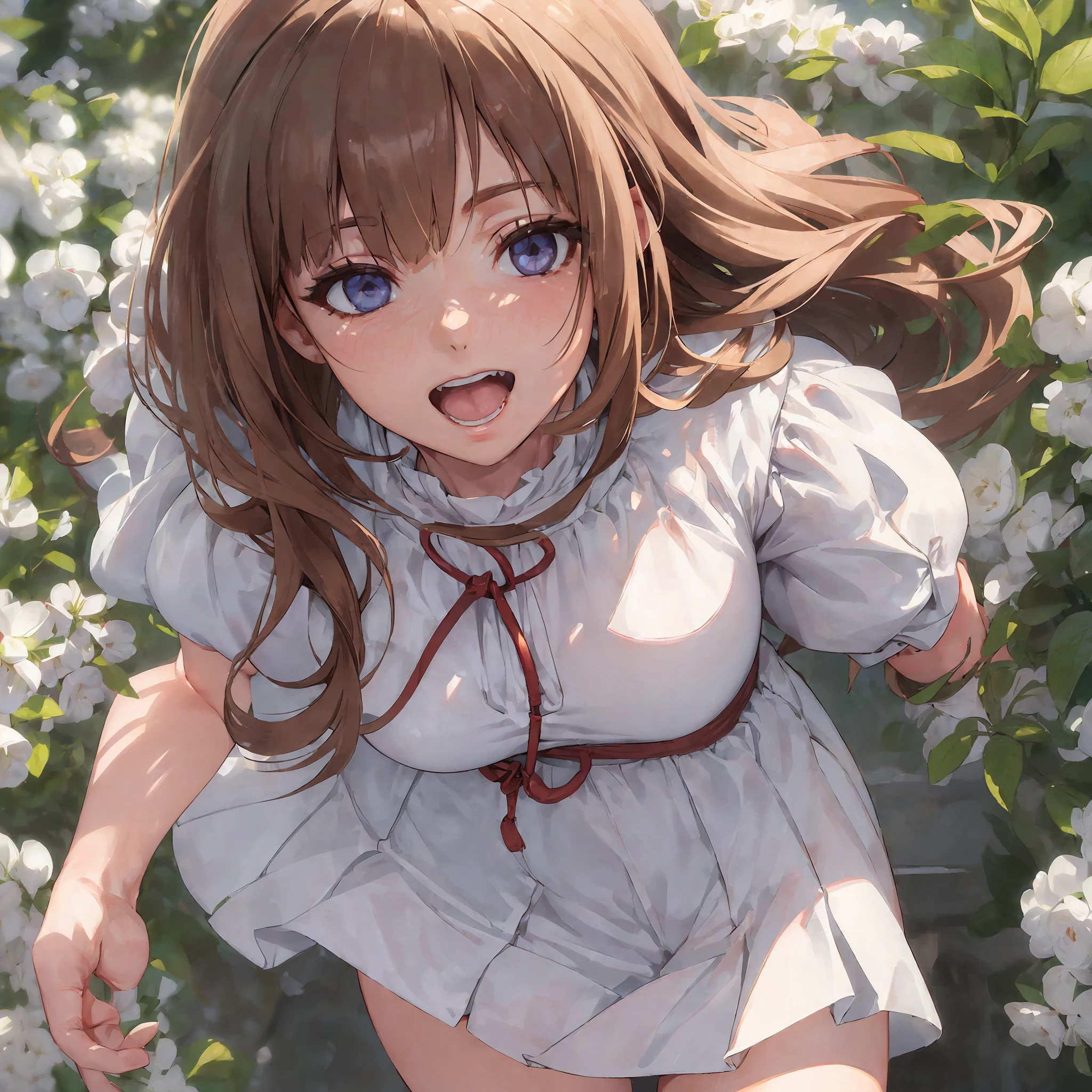 detailed anime style, (((30yo:1.5))), white dress, looking at viewer, ((brown hair)), midday, lens 135mm f1.8, walking, dynamic angle, (light smile:1.2), (sharp snap), ((8k, RAW photo, best quality)), High detail RAW color photo, professional photograph, (realistic, photo realistic:1.1), ((masterpiece illustration)), cinematic light, ((finerly detailed face:1.2)), ((finerly detailed face eye:1.2)), ((best quality:1.2)),