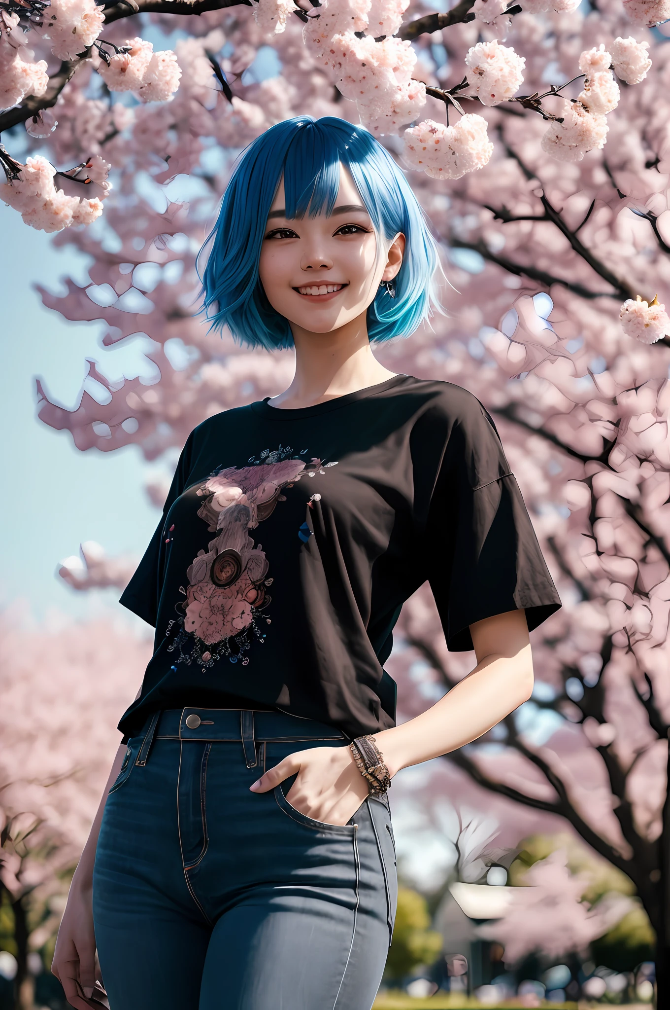 (extremely detailed 8k wallpaper),a medium shot photo of a fearful necromancer, intricate, high detail, dramatic,8k,((masterpiece,ultra-detailed, intricate details, mid quality,illustration)),1girl, solo, highres, looking at viewer, brown and pastel blue hair, short hair, black t-shirt, smiling, wearing t-shirt, wearing black jeans,black earings,street, cherry tree, petals falling, sunlight shining through, solar system, feminine, empowered, beautiful, detailed,wide shot, blush, pretty