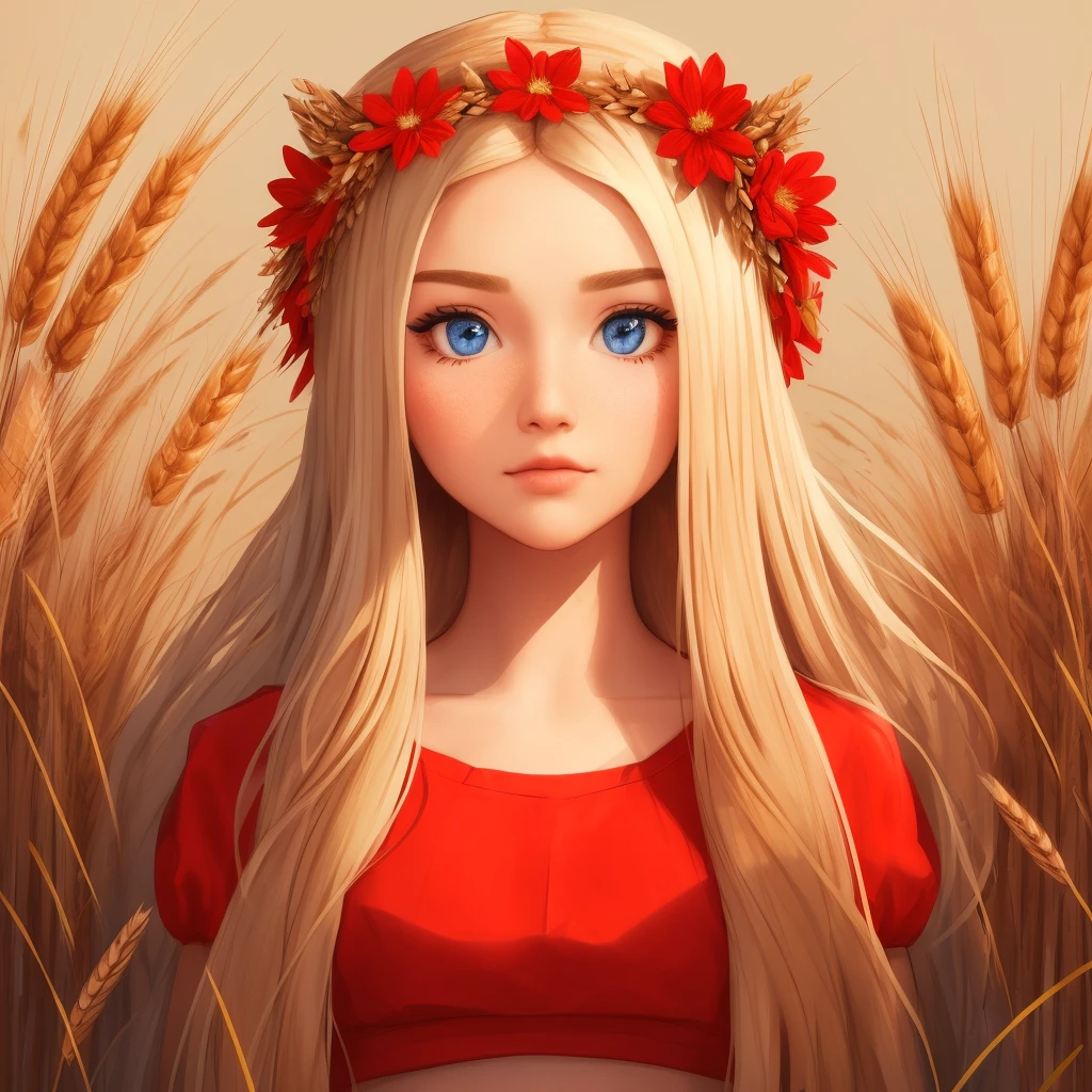 Beautiful girl, long blonde hair,red crop top,Spikelets of wheat in the background ,flower crown on head, big eyes