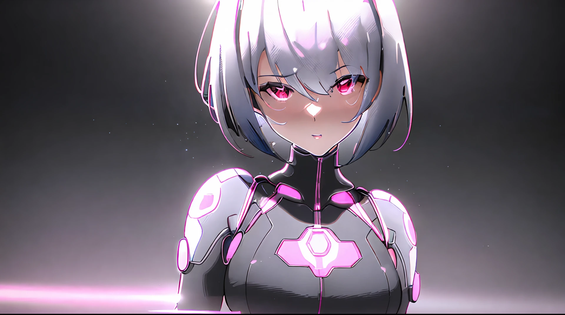 A girl in a futuristic tight-fitting black-pink-orange suit with armor inserts on her shoulders and chest, a respirator with neon blue stripes on her face, white hair, red eyes, 1 girl, a cyberpunk city in the background