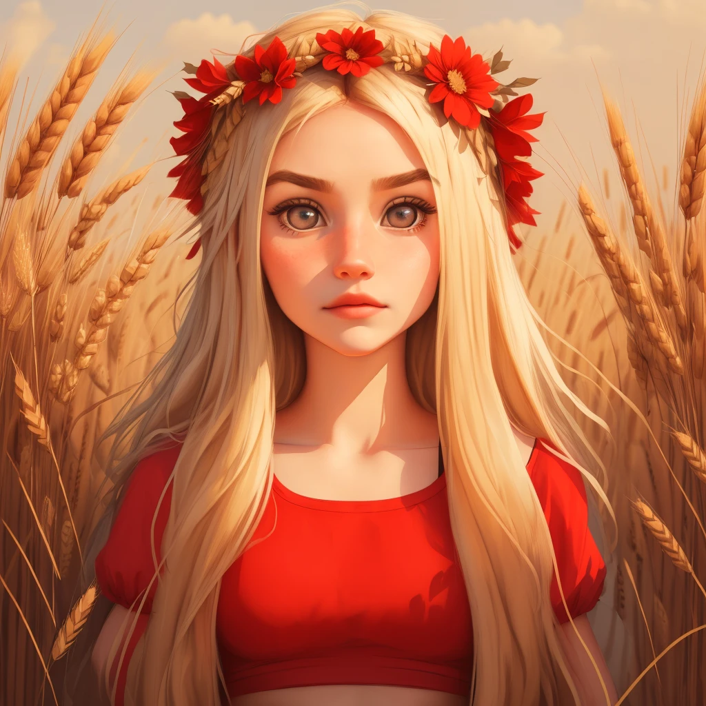 In front of you is a beautiful girl with long blond hair in a red tank top, ears of wheat are visible behind her in the background, and on her head she has a wreath of flowers and big eyes.