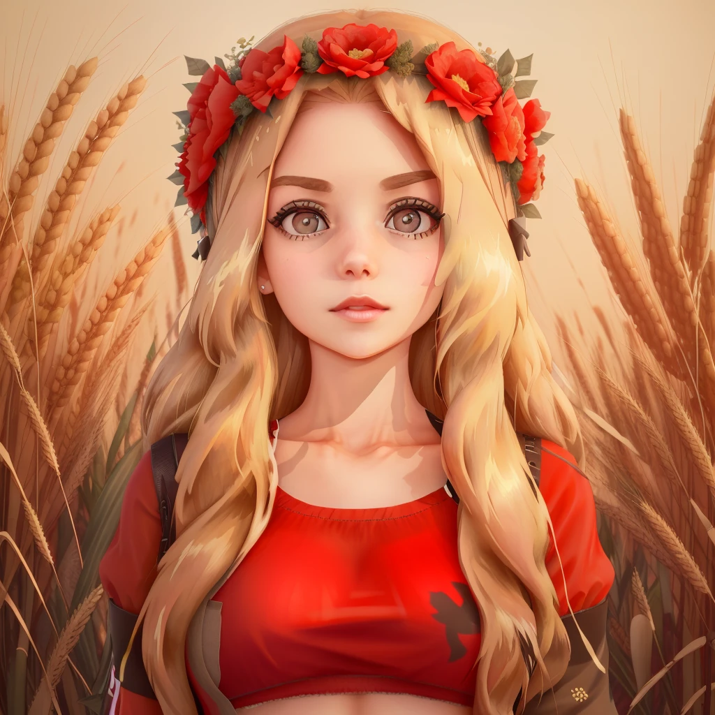 Before you is a beautiful girl with long blond hair in a red top, ears of wheat are visible in the background, and on her head a wreath of flowers and big eyes. (Translated: "In front of you is a beautiful girl with long blonde hair in a red top, ears of wheat are visible behind her in the background, and on her head she has a wreath of flowers and big eyes.")