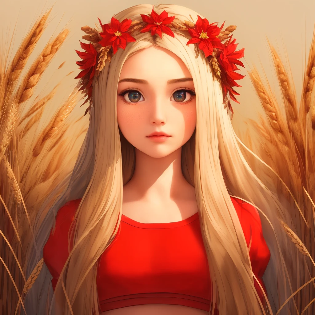 (reference quality), absolutely detailed, high definition, (long luxurious hair: 1.3 + big eyes: 1.2), (girl), (red top), (wreath of flowers on the head), (with clouds in the background), ( ripe ears of wheat: 1.3).