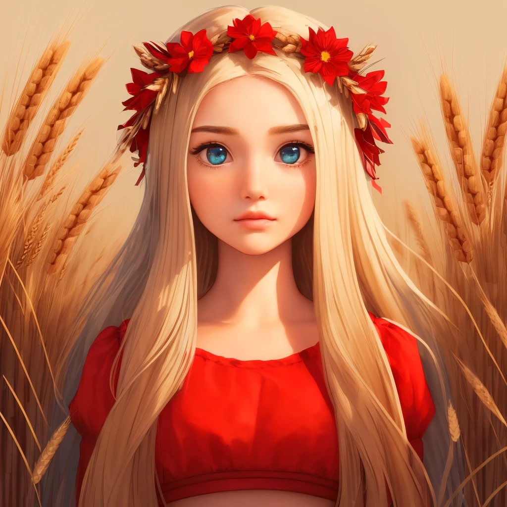 (reference quality), absolutely detailed, high definition, (long luxurious hair: 1.3 + big eyes: 1.2), (girl), (red top), (wreath of flowers on the head), (with clouds in the background), ( ripe ears of wheat: 1.3).