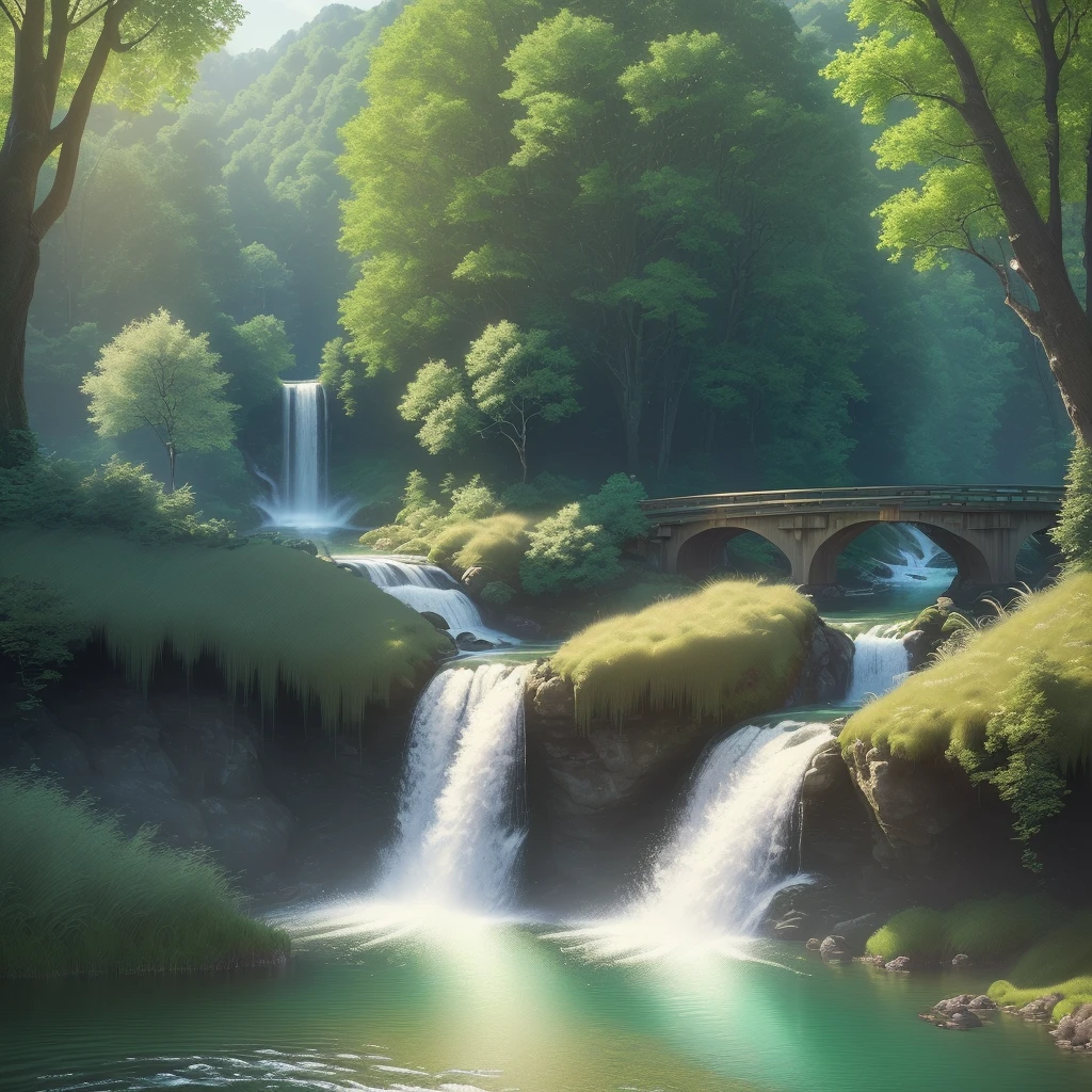 (extremely detailed, masterpiece, best quality, ultra-realistic CG unity 8k wallpaper), floating, high saturation, [(green forest:1.3), (house:0.9, blending with the green of the forest:1.2)], [(path:1.1), (bridge:0.9, over the flowing stream:1.2), (waterfall:1.2), (lake:1.1)]