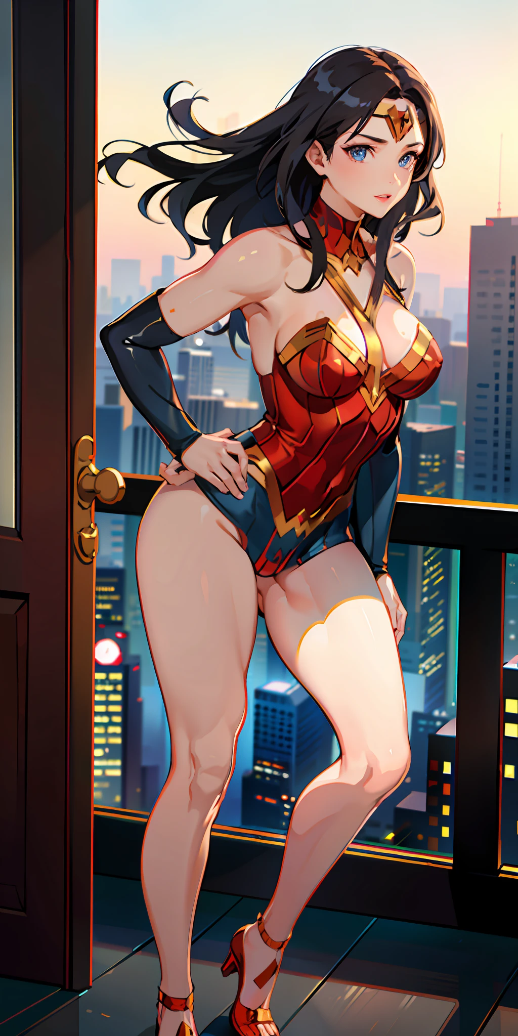 (masterpiece:1.2), (best quality:1.2), perfect eyes, perfect face, perfect lighting, 1girl, MILF, Female, superhero, leotard,  legs, hands on hip, full body, city backdrop, 1girl, Wonder Woman,