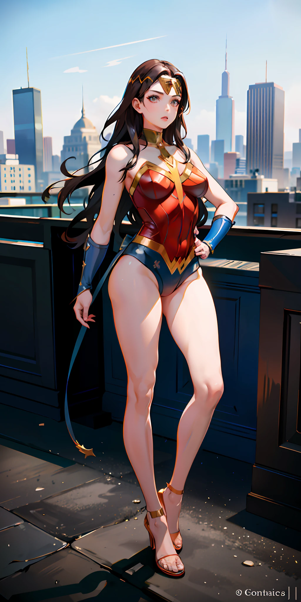 (masterpiece:1.2), (best quality:1.2), perfect eyes, perfect face, perfect lighting, 1girl, MILF, Female, superhero, leotard, bare legs, hands on hip, full body, city backdrop, 1girl, Wonder Woman,