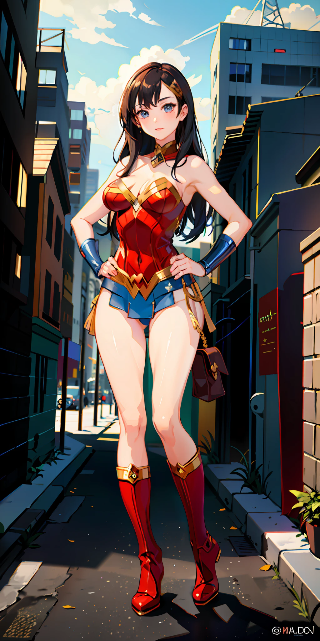(masterpiece:1.2), (best quality:1.2), perfect eyes, perfect face, perfect lighting, 1girl, MILF, Female, superhero, leotard, bare legs, hands on hip, full body, city backdrop, 1girl, Wonder Woman, boots,