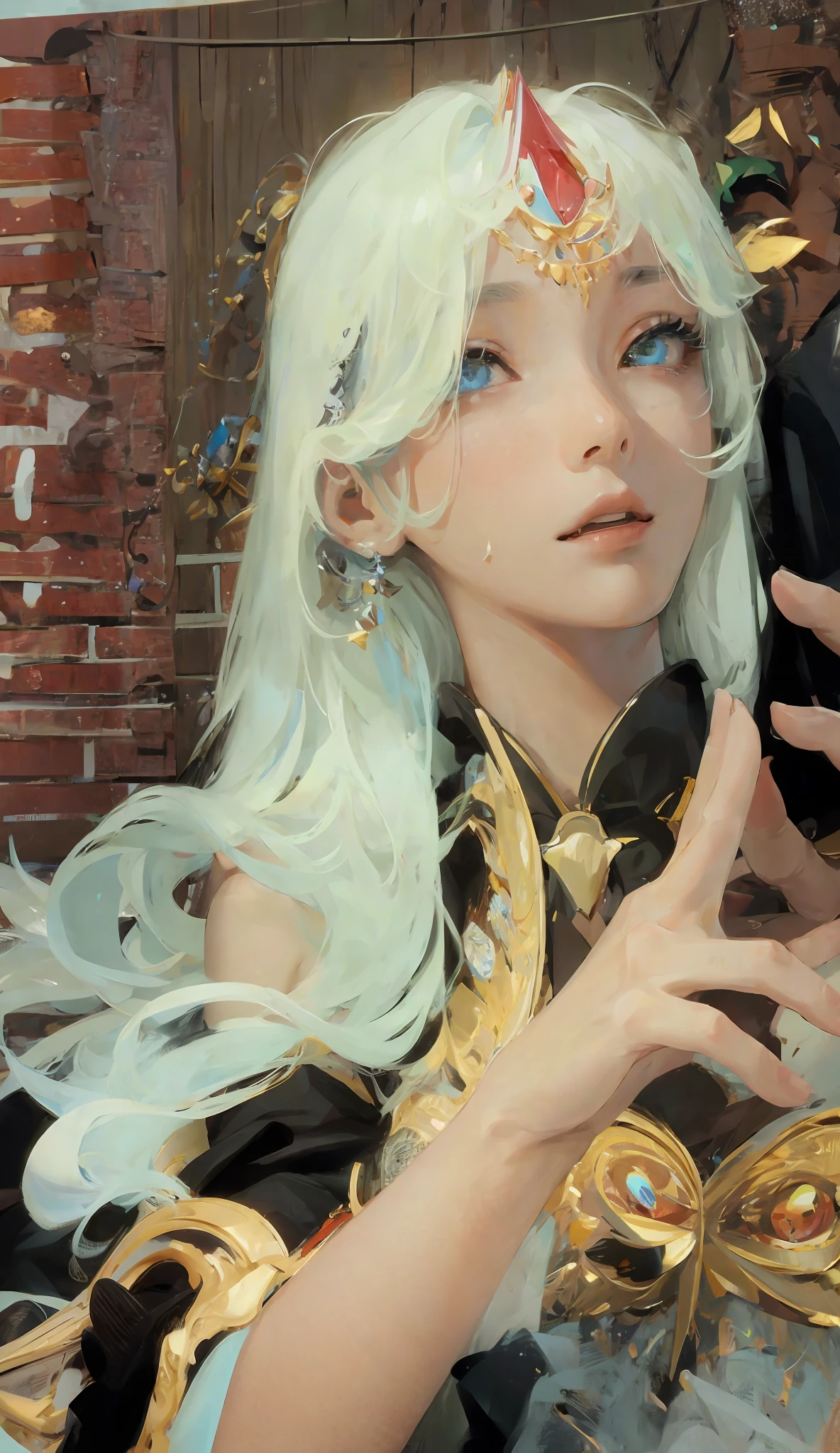 ((Masterpiece, Superb, Super Detailed, High Resolution)), solo, beautiful girl, sparkling eyes, perfect eyes, , black and white gold theme,