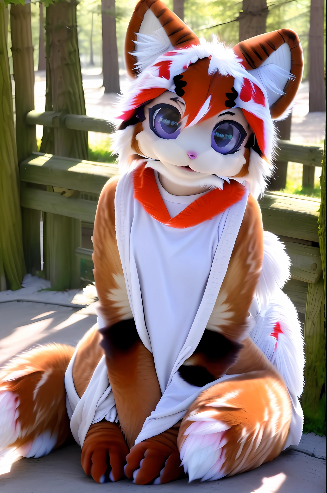 RAW photo, uhd, dslr, high quality, realistic, photo realistic, dreamlikeart, lens flare, upper body, looking at viewer, animal focus, furry, fursuit, 1girl, cute, kawaii, lovely, fur, fur head, narrow waist, animal ears, paw, paw shoes,