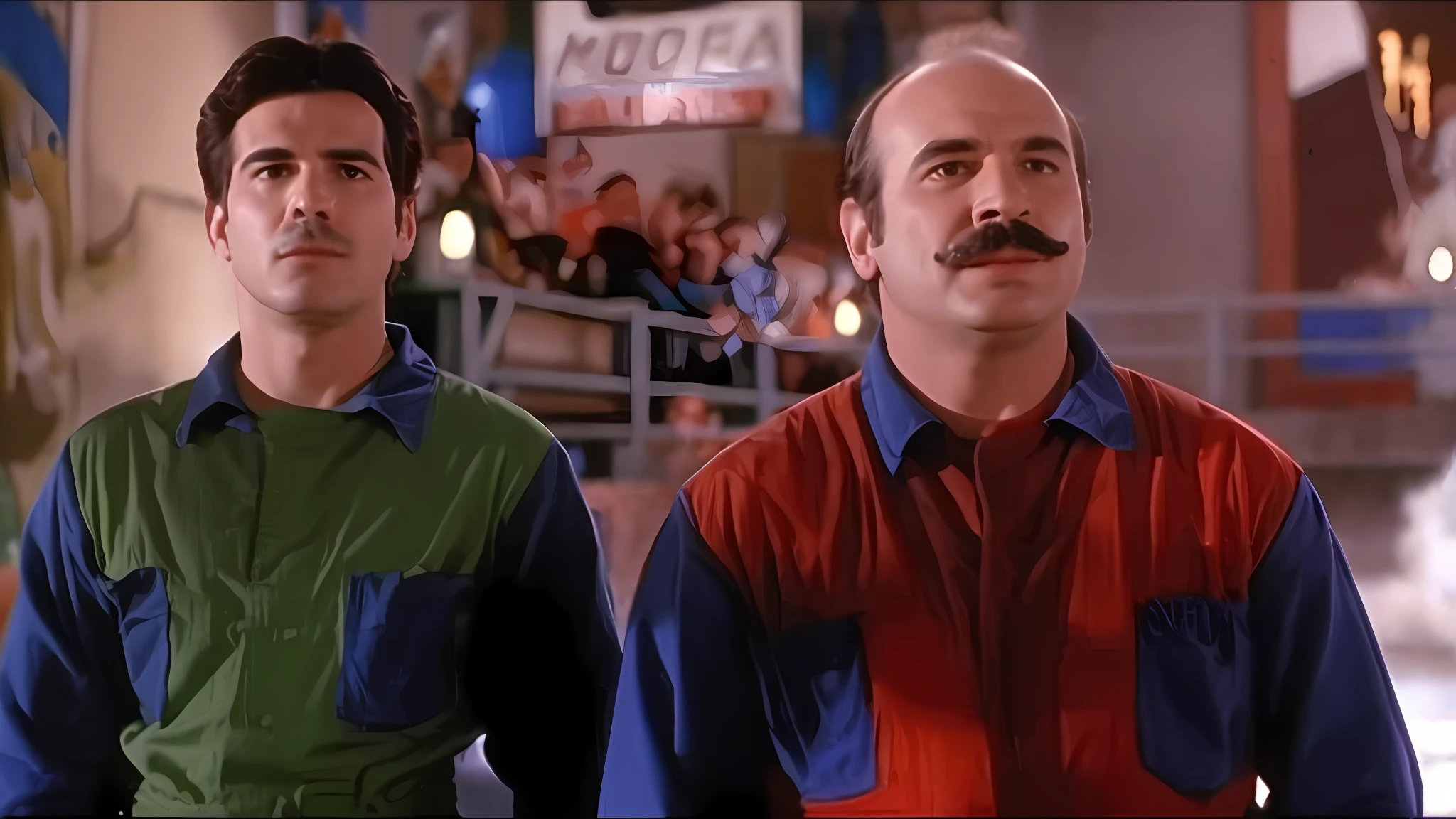 two men in colorful shirts standing next to each other, mario, mario as a real person, mario in real life, mario bros, mario and luigi, super mario bros 1 9 8 5, super mario in matrix, super mario bros, saul goodman in super mario 64, super mario in real life, movie screencap, perfect movie shot, movie screenshot