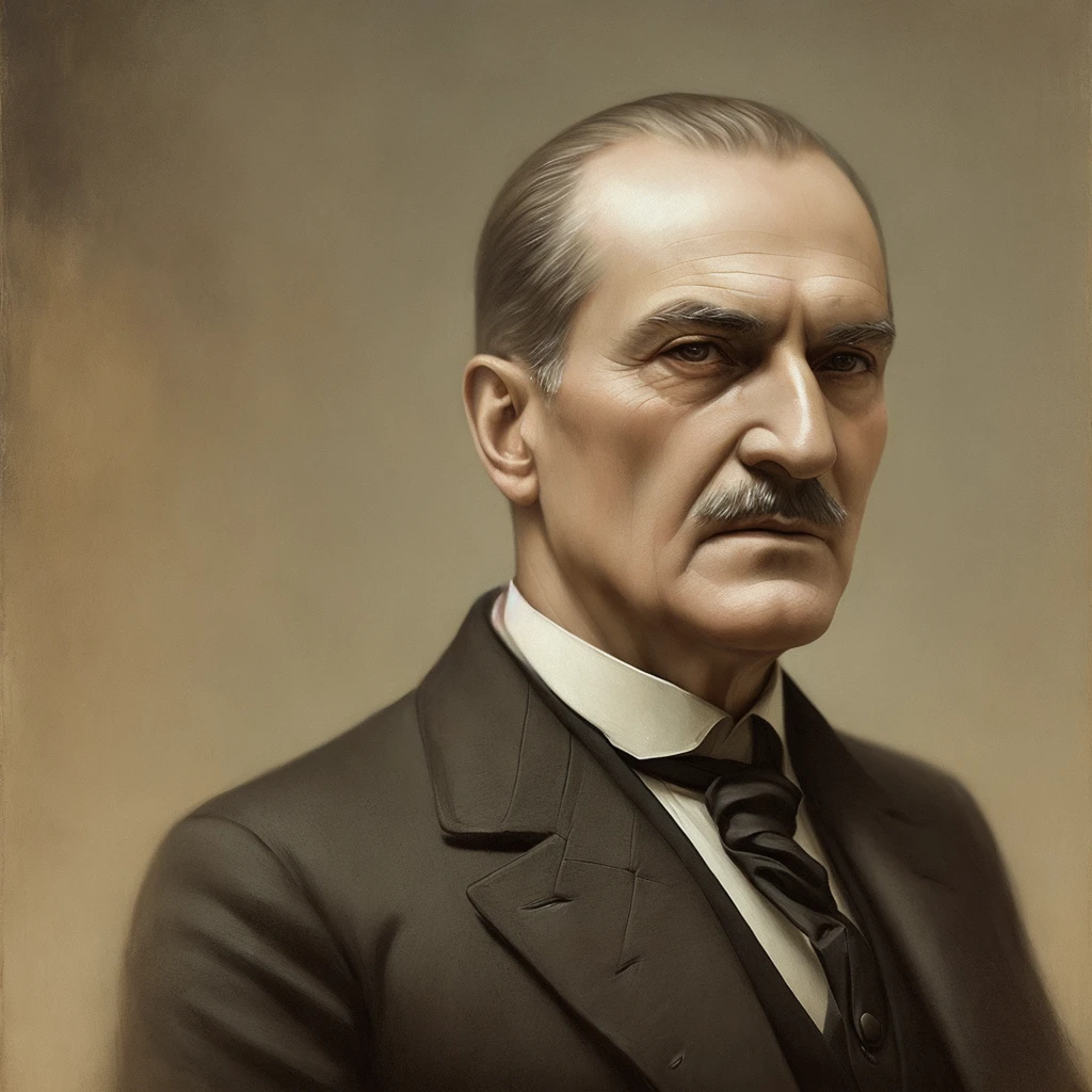 a portrait of Atatürk in 19th century, beautiful painting with highly detailed face by greg rutkowski and magali villanueve,frowning and innocent expression,textures of natural reflections, cinematic lighting