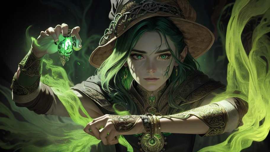 ((best quality)), ((masterpiece)), ((realistic)), celtic witch, witch, artistic anatomical hands, artistic anatomy, glowing green, female face, trending on artstation, sharp focus, studio photo, intricate details, very detailed, detailed eyes, illustration, very detailed, sharp focus, digital render, professional, 4k