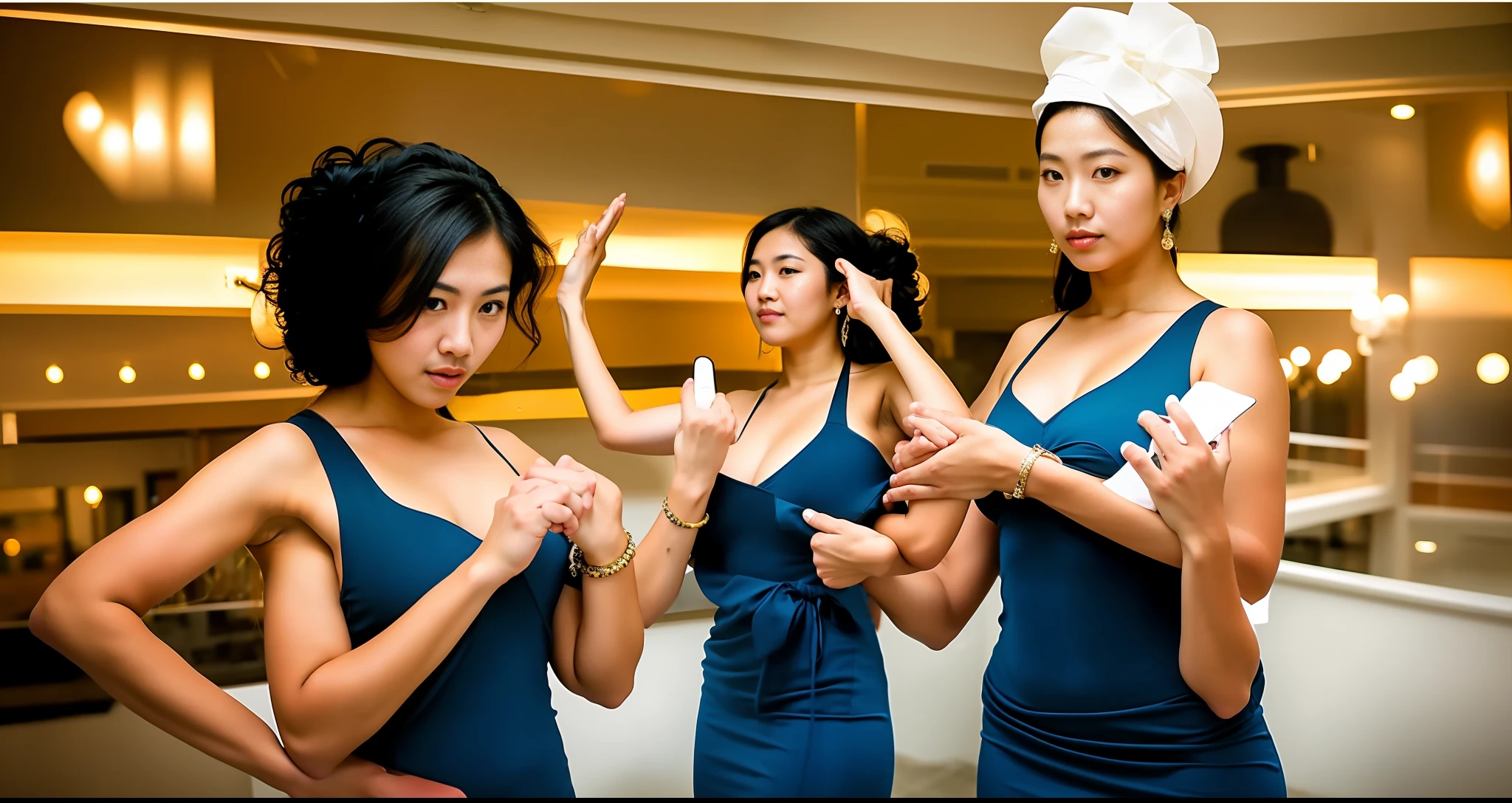 2heads, Extra arms, a woman posing for a picture, blue dress, curvy arms, long hair, black hair, hat, incredibly beautiful, strong pose, very beautiful, arms to the side, 6 arms and 2 legs!, curvy arms, multiple arms, armpits fused to shoulders, normal hands, slender body, identical faces, 21 years old, upper body shoot, korean