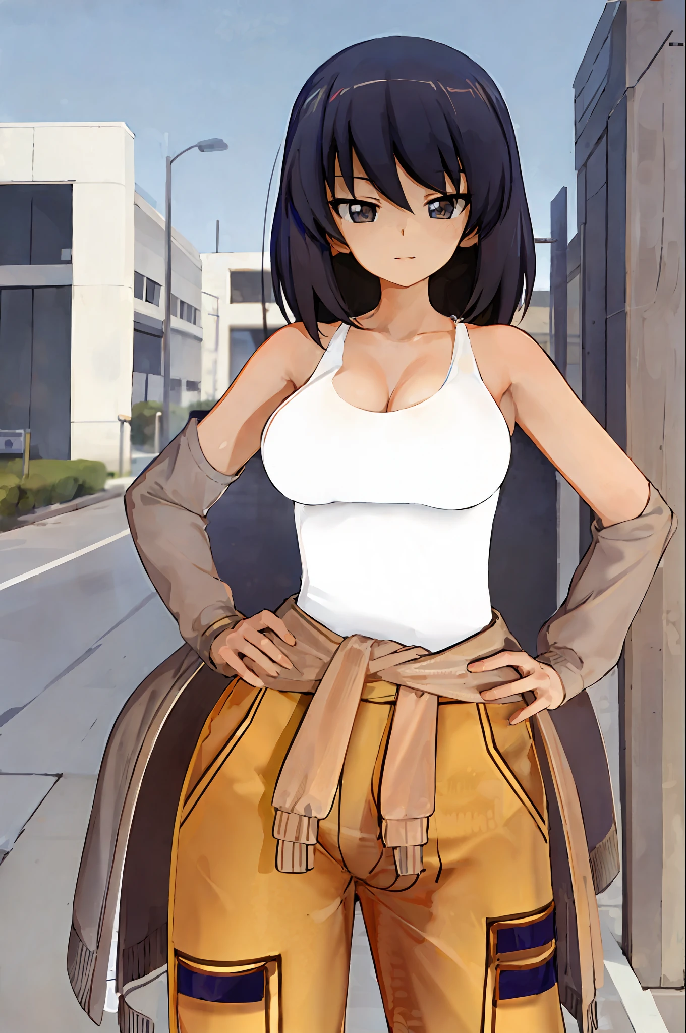 masterpiece, best quality, 1girl, solo, girls und panzer, hoshino, large breasts, white tank top, jumpsuit, clothes around waist,hands on hips, cowboy shot, outdoors, parking lot, blue sky