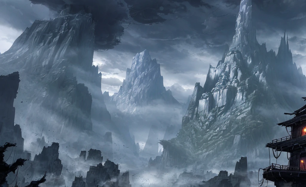 ConceptArt, no humans, scenery, dark fantasy, valley, pueblo, tall trees, dark clouds, village in a deep canyon covered in giant spider webs, subterranean, building, nature, grey atmosphere, foggy, horror