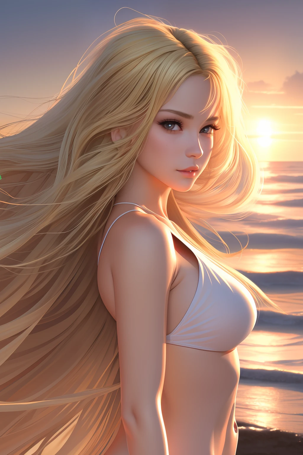 [:(detailed face:1.2):0.2], raw photo, (masterpiece), (best quality), high resolution, (realistic, photo-realistic:1.2), ultra detailed render, physical, 1girl, high body, air bangs, sunset, long hair, ((blonde hair)), wavy hair, bare shoulders, swimsuit, seaside,