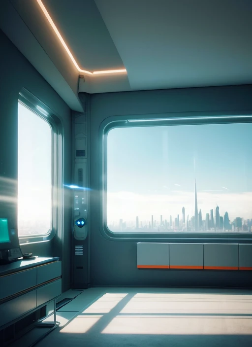 a gorgeous sci - fi bedroom matte painting by john harris, sparth and greg rutkowski. sharp edges, tiffany blue, grey orange, white and golden. sci - fi bedroom in a space base, outside the windows a future city skyline, light effect. ultra clear detailed, 3 d, octane render. 8 k