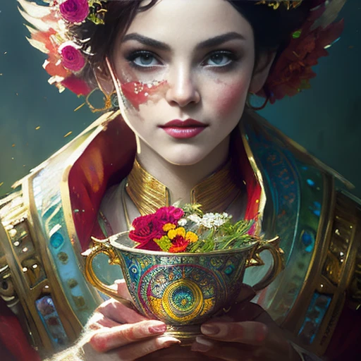 Cute European shorthair cat red in a Victorian cup, beautiful flowers around, bright, colorful, saturated, vintage, "art style that combines the elegance of line art with the vibrancy of watercolor wash. The artwork is highly detailed, with sharp focus and smooth transitions. The overall feeling is dynamic and highly polished, influenced by the works of Carne Griffiths, Wadim Kashim, and Carl Larsson. In the style of Carne Griffiths (for his intricate and flowing line work), Wadim Kashim (for his bold use of color and texture), Carl Larsson (for his light and airy compositions), and Pascal Blanche (for his hyper-realistic character designs and matte painting techniques). . The camera angle is dramatic and expressive, with the artwork capturing the essence of a matte painting concept art. The golden ratio is used to create balanced compositions, and the overall feeling is highly polished and elegant. This style is perfect for a production cinematic character render or an intricate artwork masterpiece, trending on CGSociety and Artstation., trending on artstation, sharp focus, studio photo, intricate details, highly detailed, by greg rutkowski
