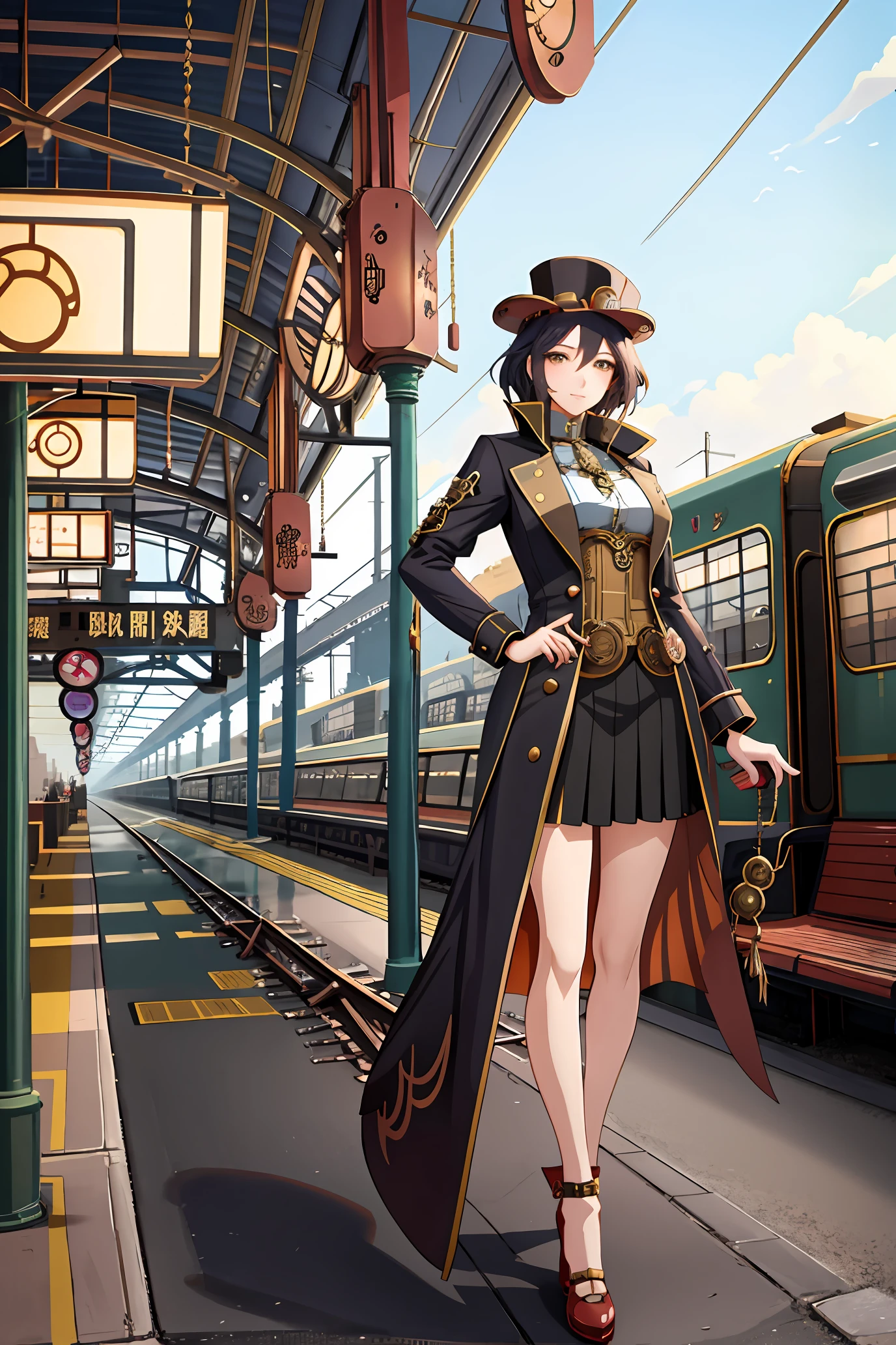 anime - style illustration of a woman in a hat and coat standing in front of a train station, a character portrait by Ni Yuanlu, cgsociety contest winner, fantasy art, steampunk beautiful anime woman, steampunk fantasy style, in steampunk cityscape, steampunk illustration, steampunk concept art, inspired victorian sci - fi, steampunk girl, steampunk world, lofi steampunk bioshock portrait