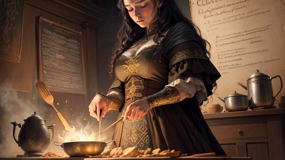 celtic witch, masterpiece, best quality, extremely delicate and beautiful witch, theater of world masterpieces, super detailed, very detailed, best quality, wicca, high resolution, extremely detailed, 1 girl, best quality, illustration, cooking dinner, impasto, canvas, magical sign, realistic, realistic, real, artistic anatomical hands, artistic anatomy