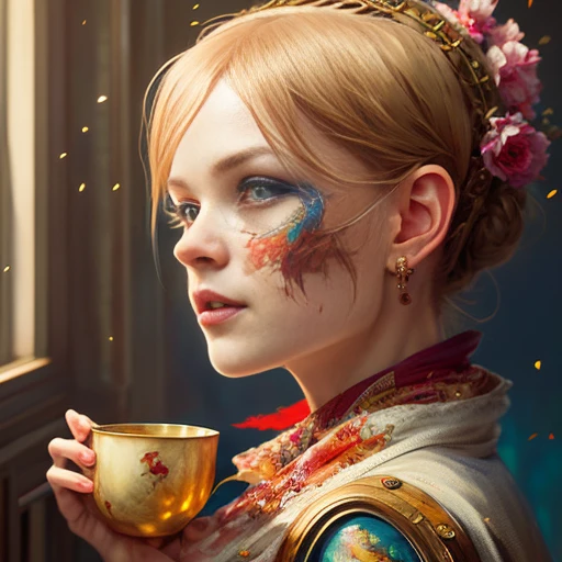 European shorthair cat red in a Victorian cup, beautiful flowers around, bright, colorful, saturated, vintage, "art style that combines the elegance of line art with the vibrancy of watercolor wash. The artwork is highly detailed, with sharp focus and smooth transitions. The overall feeling is dynamic and highly polished, influenced by the works of Carne Griffiths, Wadim Kashim, and Carl Larsson. In the style of Carne Griffiths (for his intricate and flowing line work), Wadim Kashim (for his bold use of color and texture), Carl Larsson (for his light and airy compositions), and Pascal Blanche (for his hyper-realistic character designs and matte painting techniques). . The camera angle is dramatic and expressive, with the artwork capturing the essence of a matte painting concept art. The golden ratio is used to create balanced compositions, and the overall feeling is highly polished and elegant. This style is perfect for a production cinematic character render or an intricate artwork masterpiece, trending on CGSociety and Artstation., trending on artstation, sharp focus, studio photo, intricate details, highly detailed, by greg rutkowski