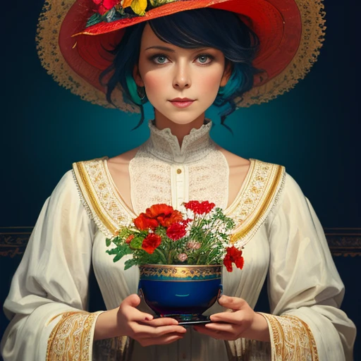 European shorthair cat red in a Victorian cup, beautiful flowers around, bright, colorful, saturated, vintage, "art style that combines the elegance of line art with the vibrancy of watercolor wash. The artwork is highly detailed, with sharp focus and smooth transitions. The overall feeling is dynamic and highly polished, influenced by the works of Carne Griffiths, Wadim Kashim, and Carl Larsson. In the style of Carne Griffiths (for his intricate and flowing line work), Wadim Kashim (for his bold use of color and texture), Carl Larsson (for his light and airy compositions), and Pascal Blanche (for his hyper-realistic character designs and matte painting techniques). . The camera angle is dramatic and expressive, with the artwork capturing the essence of a matte painting concept art. The golden ratio is used to create balanced compositions, and the overall feeling is highly polished and elegant. This style is perfect for a production cinematic character render or an intricate artwork masterpiece, trending on CGSociety and Artstation., trending on artstation, sharp focus, studio photo, intricate details, highly detailed, by greg rutkowski